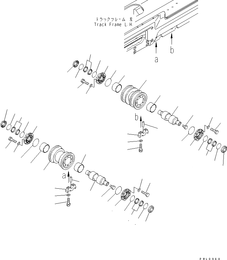 Схема запчастей Komatsu D155AX-5 - ГУСЕНИЧНАЯ РАМА (ОПОРНЫЙ КАТОК) (ЛЕВ.) (УДЛИНН. ГУСЕНИЦЫ)(№7-) ХОДОВАЯ