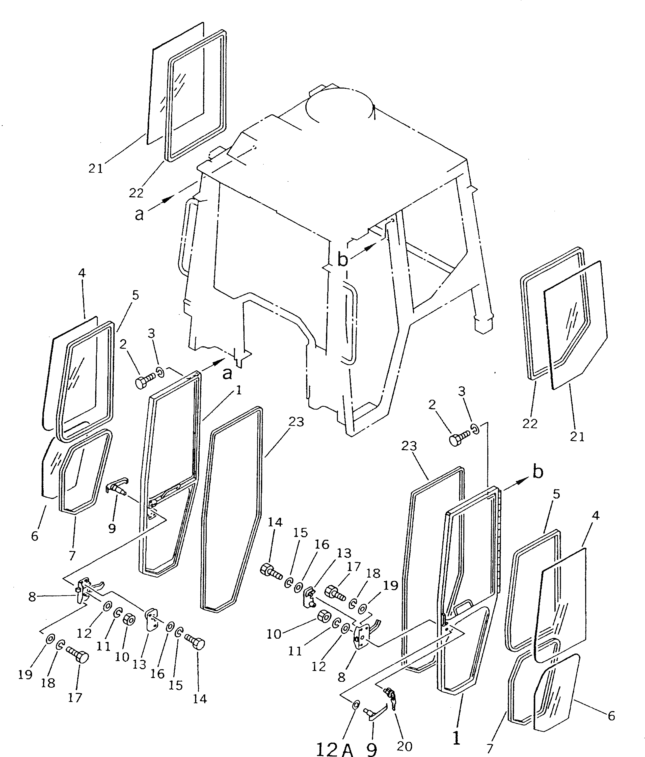 Схема запчастей Komatsu D21A-7 - СТАЛЬНАЯ КАБИНА (ДВЕРЬ И БОКОВ. ОКНА) (/7) (ДЛЯ РОССИЯ) ЧАСТИ КОРПУСА
