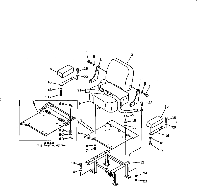 Схема запчастей Komatsu D21P-6B - СИДЕНЬЕ ОПЕРАТОРА (ЖЕСТК.) (ДЛЯ РЫЧАГ РУЛЕВ. УПРАВЛЕНИЕ) ЧАСТИ КОРПУСА