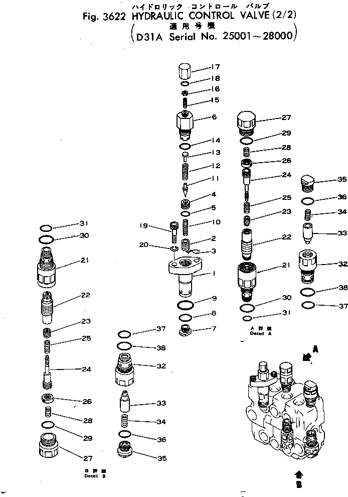 Схема запчастей Komatsu D31A-16 - ГИДРАВЛ УПРАВЛЯЮЩ. КЛАПАН (/)(№-8) УПРАВЛ-Е РАБОЧИМ ОБОРУДОВАНИЕМ