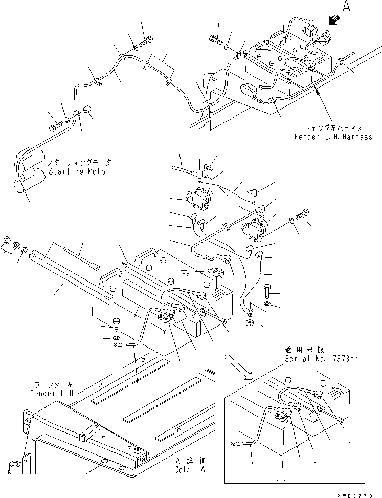 Схема запчастей Komatsu D375A-3A-01 - ДЕРЖАТЕЛЬ АККУМ. И ПРОВОДКА СТАРТЕРА ЭЛЕКТРИКА