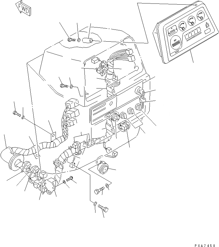 Схема запчастей Komatsu D41E-6K - ПРИБОРНАЯ ПАНЕЛЬ (ПАНЕЛЬ И ЭЛЕКТРОПРОВОДКА) (С ОБОГРЕВ-ЛЕМ)(№-) КАБИНА ОПЕРАТОРА И СИСТЕМА УПРАВЛЕНИЯ