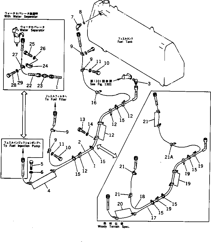 Схема запчастей Komatsu D85E-21 - ТОПЛИВОПРОВОД.(№-) КОМПОНЕНТЫ ДВИГАТЕЛЯ И ЭЛЕКТРИКА