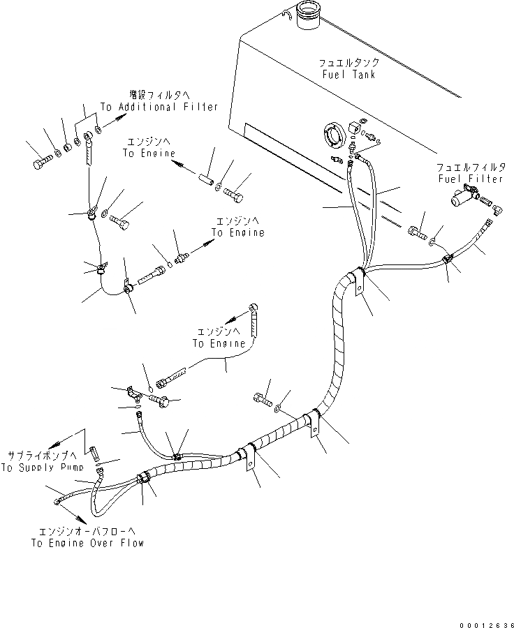 Схема запчастей Komatsu D85PX-15 - ТОПЛИВОПРОВОД. (С ВОДООТДЕЛИТЕЛЕМ И ДОПОЛН. ФИЛЬТР.) ТОПЛИВН. БАК. AND КОМПОНЕНТЫ