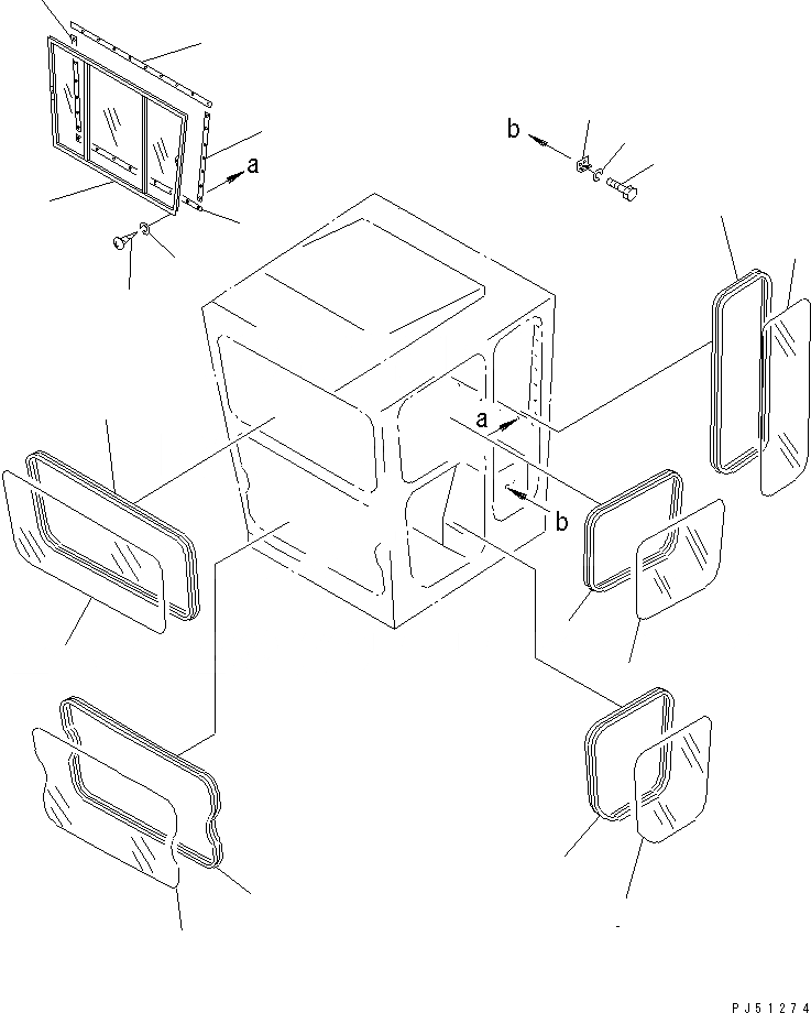 Схема запчастей Komatsu GD355A-1 - КАБИНА (ПЕРЕДН. НИЖН. ДВОРНИКИ -ТИП) (/) (ОКОНН. СТЕКЛА)(№-.) РАМА И ЧАСТИ КОРПУСА
