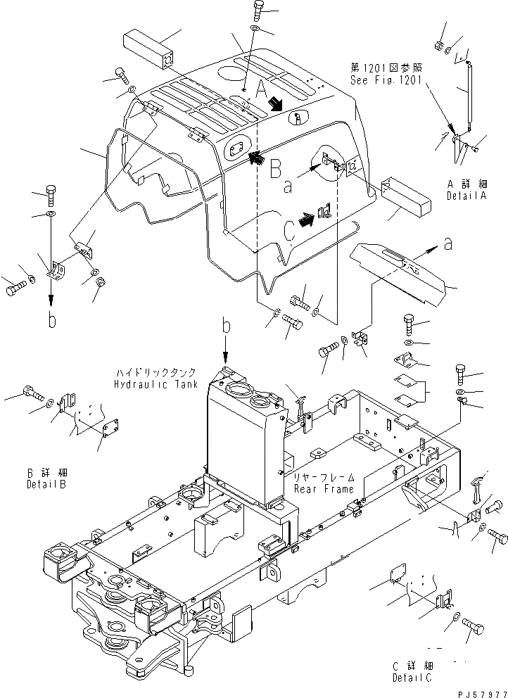 Схема запчастей Komatsu GD405A-3 - КАПОТ(№-) РАМА И ЧАСТИ КОРПУСА