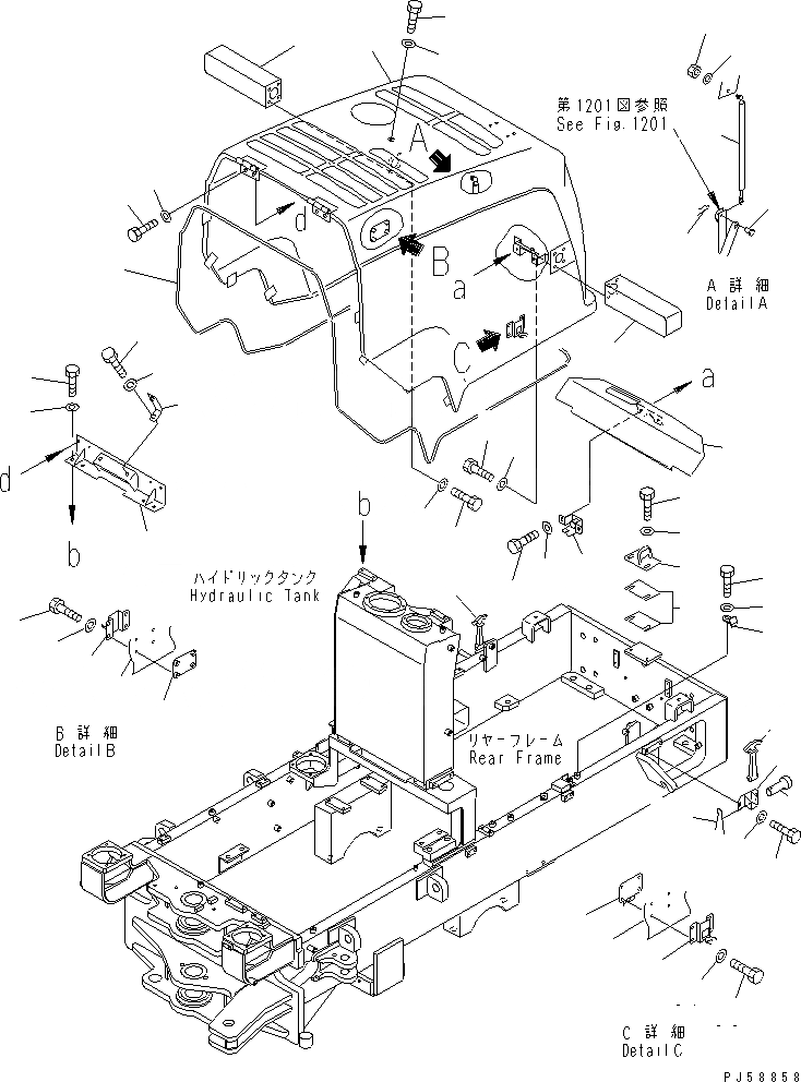 Схема запчастей Komatsu GD405A-3 - КАПОТ(№..-999) РАМА И ЧАСТИ КОРПУСА