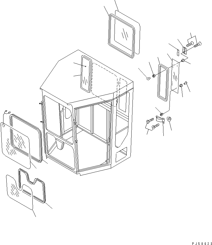 Схема запчастей Komatsu GD405A-3S - КАБИНА (ПЕРЕДН. И ЗАДН. ОКНА) РАМА И ЧАСТИ КОРПУСА