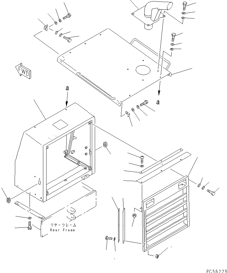 Схема запчастей Komatsu GD505A-3 - ЗАЩИТА РАДИАТОРА AND КАПОТ (С FOLDING ТИП НАВЕС)(№-) РАМА И ЧАСТИ КОРПУСА