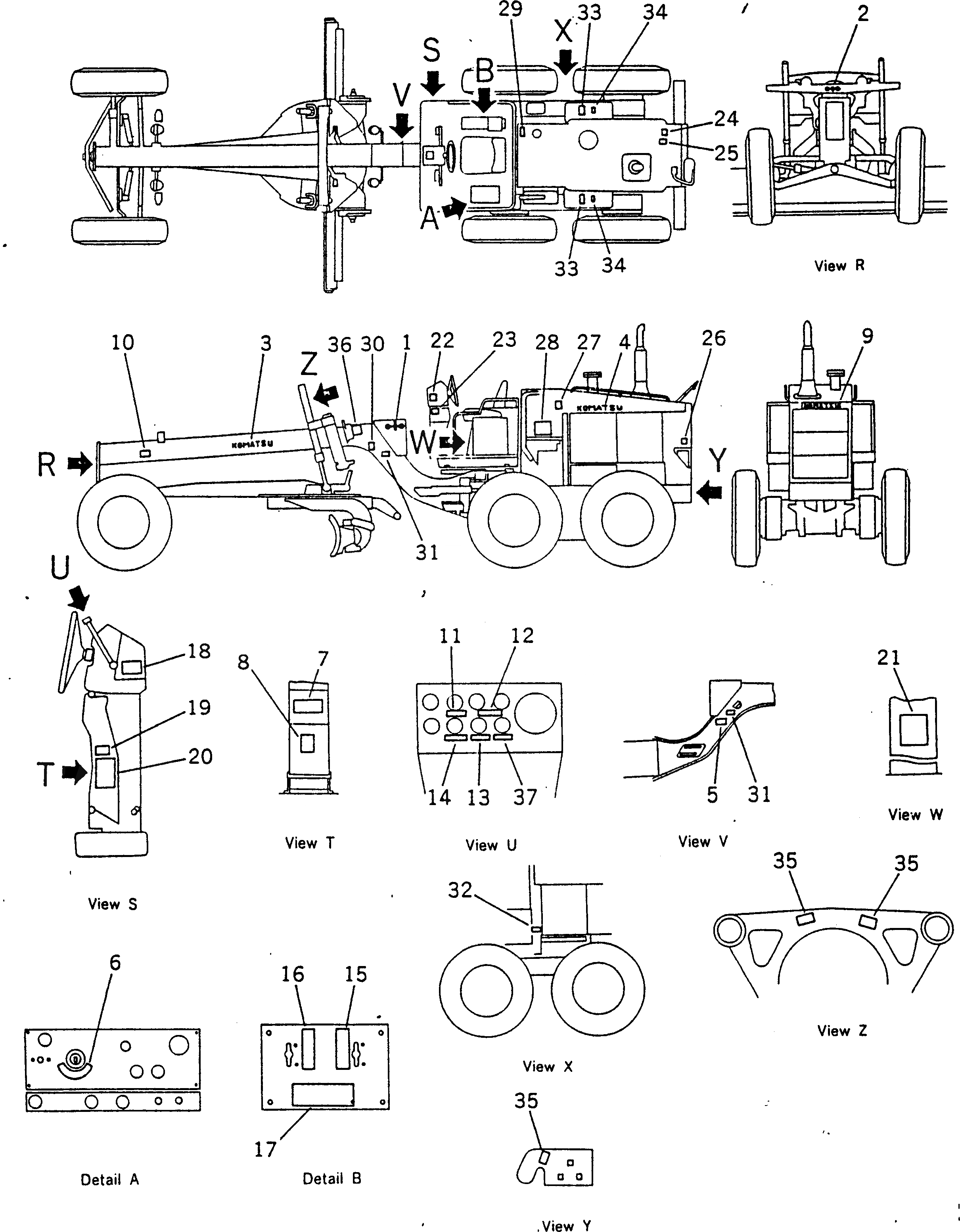 Схема запчастей Komatsu GD605A-3 - МАРКИРОВКА РАМА И ЧАСТИ КОРПУСА