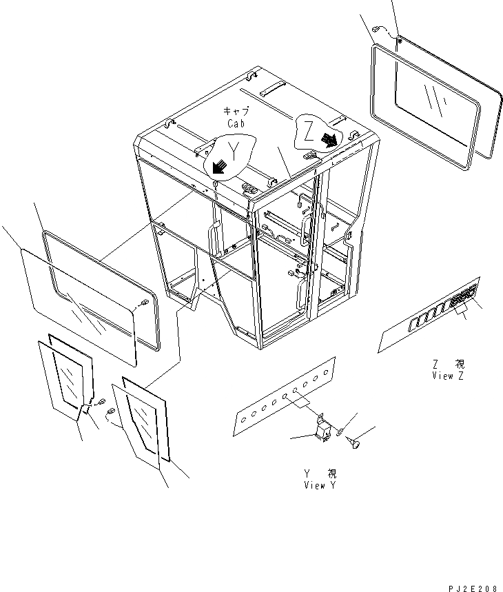 Схема запчастей Komatsu GD655-3Y - КАБИНА (ПЕРЕДН. И ЗАДН. СТЕКЛА) КАБИНА ОПЕРАТОРА И СИСТЕМА УПРАВЛЕНИЯ