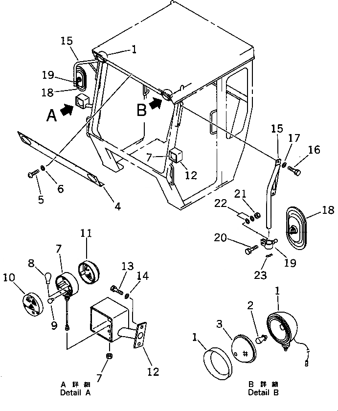 Схема запчастей Komatsu JV100A-1 - ОСВЕЩЕНИЕ И ЗЕРКАЛА ЗАДН. ВИДА(ДЛЯ B-ТИП КАБИНА) (КРОМЕ ЯПОН.) РАМА И КУЗОВ