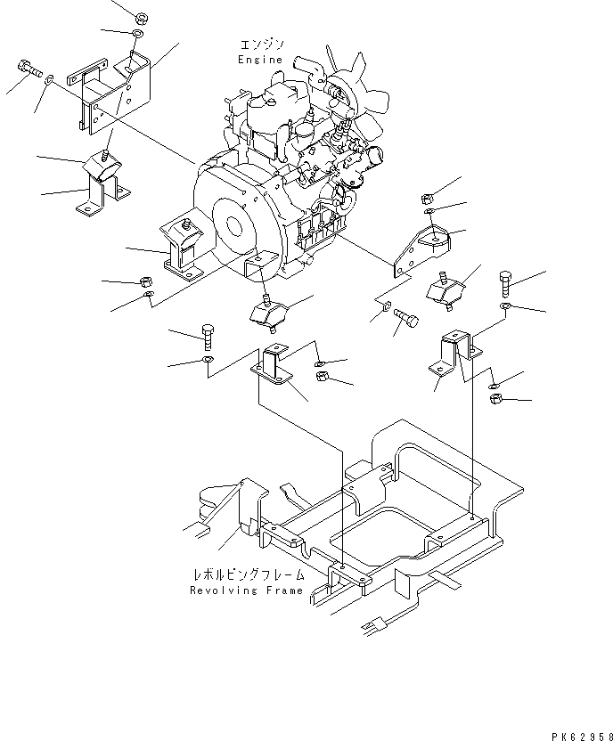 Схема запчастей Komatsu PC03-2-A - КРЕПЛЕНИЕ ДВИГАТЕЛЯ (ДЛЯ DIESEL СПЕЦ-Я.) КОМПОНЕНТЫ ДВИГАТЕЛЯ