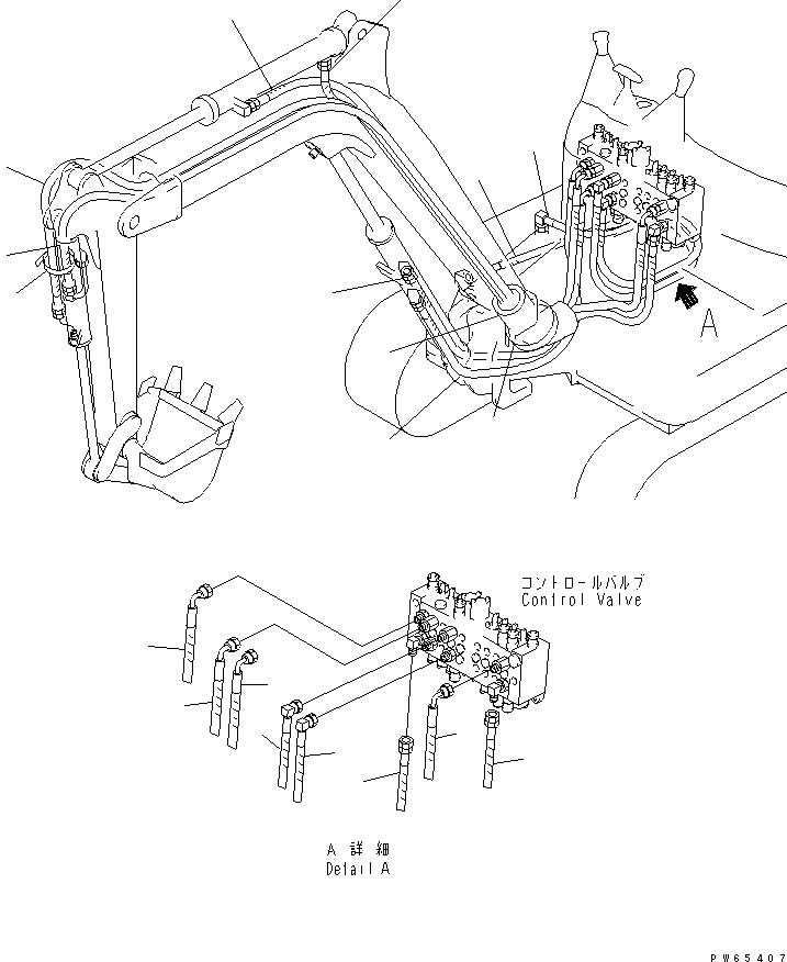 Схема запчастей Komatsu PC03-2 - ЛИНИЯ АКТУАТОРА (/) (РУКОЯТЬ¤ ПОВОРОТ СТРЕЛЫ¤ СТРЕЛА¤ ЦИЛИНДР КОВША) ГИДРАВЛИКА