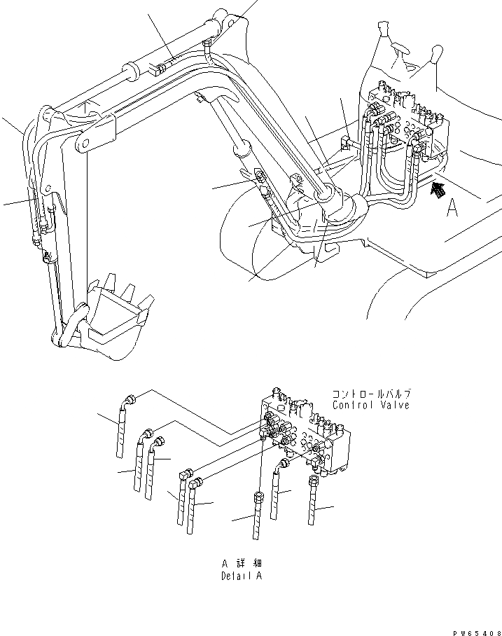 Схема запчастей Komatsu PC03-2 - ЛИНИЯ АКТУАТОРА (/) (РУКОЯТЬ¤ ПОВОРОТ СТРЕЛЫ¤ СТРЕЛА¤ ЦИЛИНДР КОВША)(ДЛЯ УДЛИНН. РУКОЯТИ) ГИДРАВЛИКА