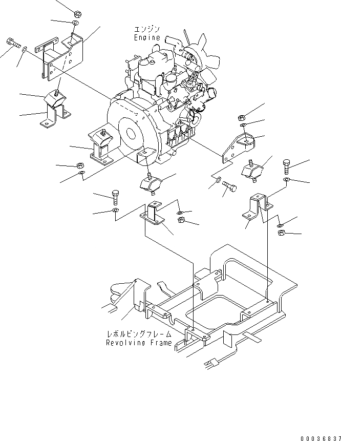 Схема запчастей Komatsu PC03-2 - КРЕПЛЕНИЕ ДВИГАТЕЛЯ (ДЛЯ DIESEL СПЕЦ-Я.) КОМПОНЕНТЫ ДВИГАТЕЛЯ