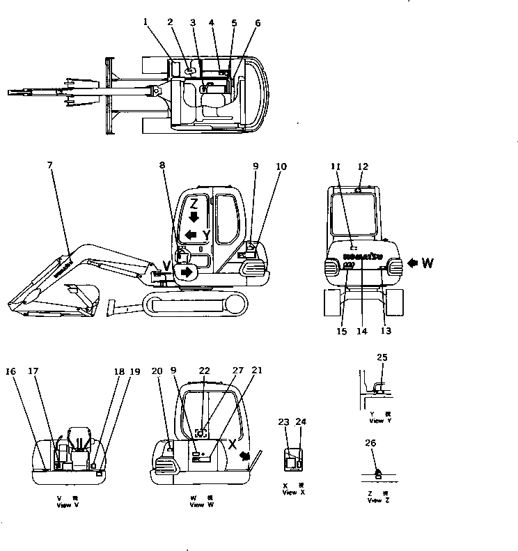 Схема запчастей Komatsu PC10-7 - МАРКИРОВКА (JIS PATTERN) (ЯПОН.) (ДЛЯ КАБИНЫ)(№99-) МАРКИРОВКА