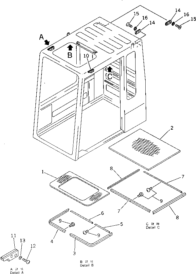 Схема запчастей Komatsu PC100-3 - КАБИНА (/) (ДЛЯ ЯПОН.)(№-) ОСНОВНАЯ РАМА И КАБИНА