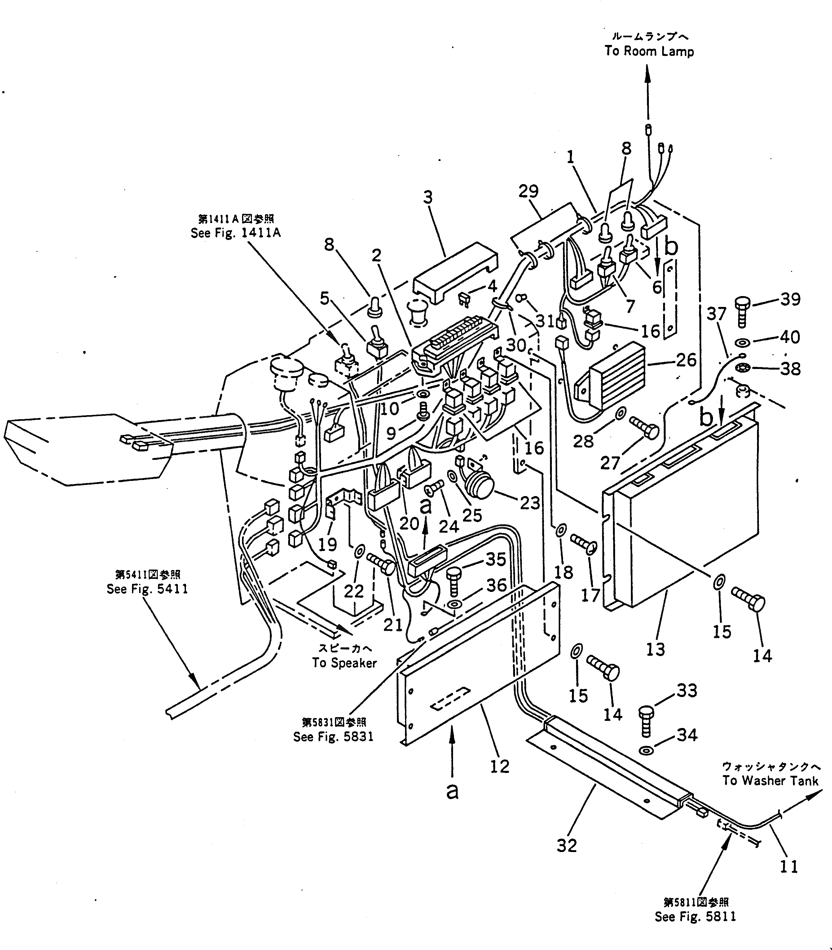 Схема запчастей Komatsu PC100-5 - ЭЛЕКТРИКА (ЛИНИЯ ПАНЕЛИ ПРИБОРОВ)            (ДЛЯ УДЛИНН. РЫЧАГ УПРАВЛ-Е)(№-) КОМПОНЕНТЫ ДВИГАТЕЛЯ И ЭЛЕКТРИКА