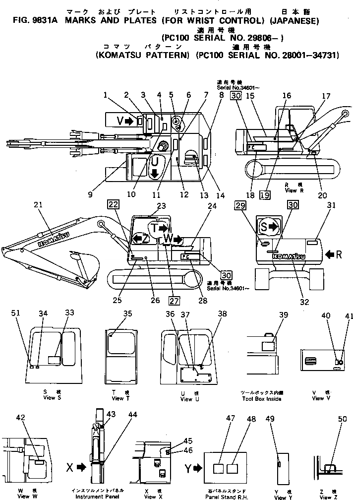 Схема запчастей Komatsu PC100-5 - МАРКИРОВКА (ДЛЯ WRIST РЫЧАГ УПРАВЛ-Я) (KOMATSU PATTERN   №98-7) (ЯПОН.)(№98-) МАРКИРОВКА¤ ИНСТРУМЕНТ И РЕМКОМПЛЕКТЫ