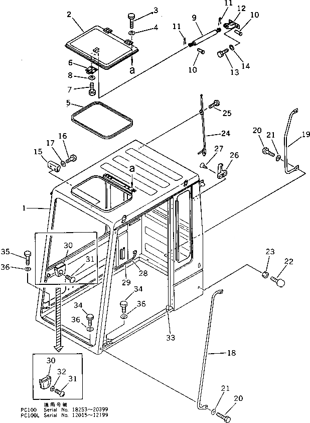 Схема запчастей Komatsu PC100L-3 - КАБИНА (/) (ДЛЯ ЯПОН.)(№-99) ОСНОВНАЯ РАМА И КАБИНА