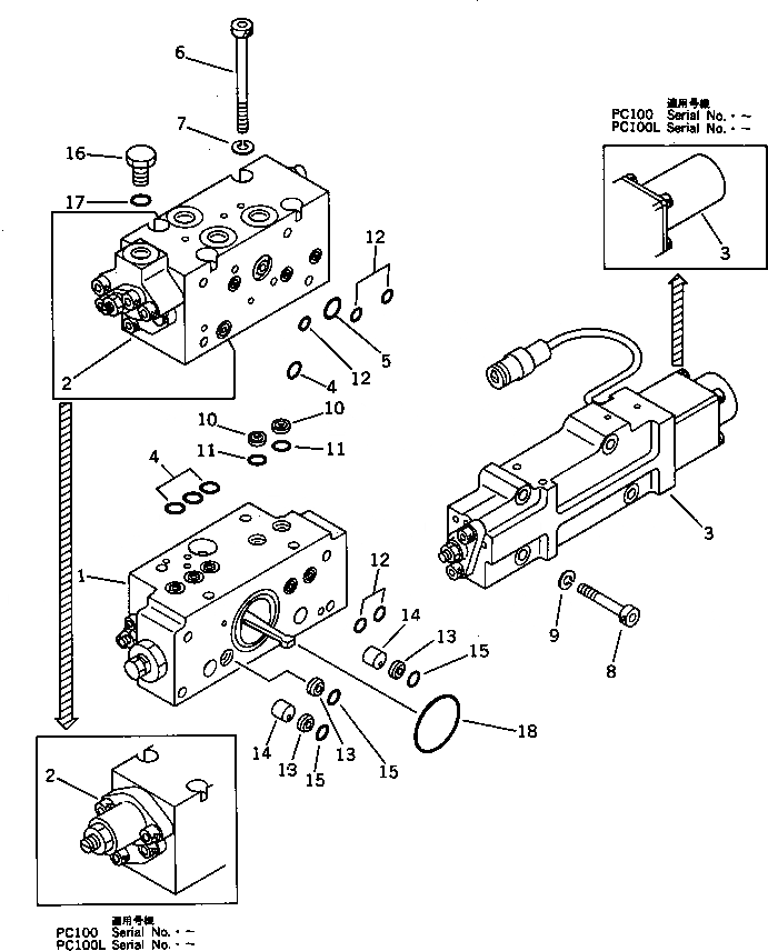 Схема запчастей Komatsu PC100L-3 - СЕРВОКЛАПАН¤ ПЕРЕДН. (/) УПРАВЛ-Е РАБОЧИМ ОБОРУДОВАНИЕМ