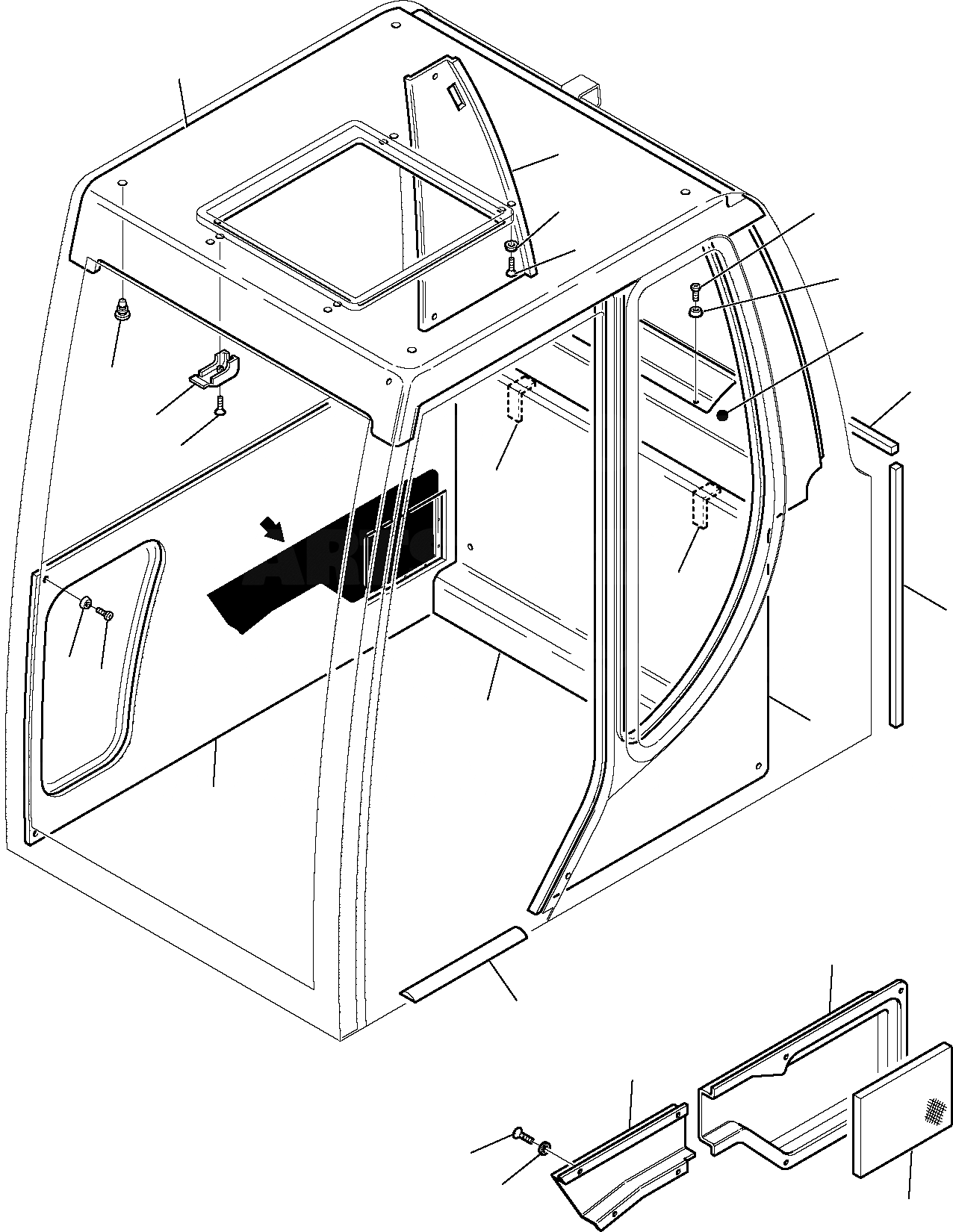 Схема запчастей Komatsu PC110R-1 - КАБИНА (/) ЧАСТИ КОРПУСА И КАБИНА