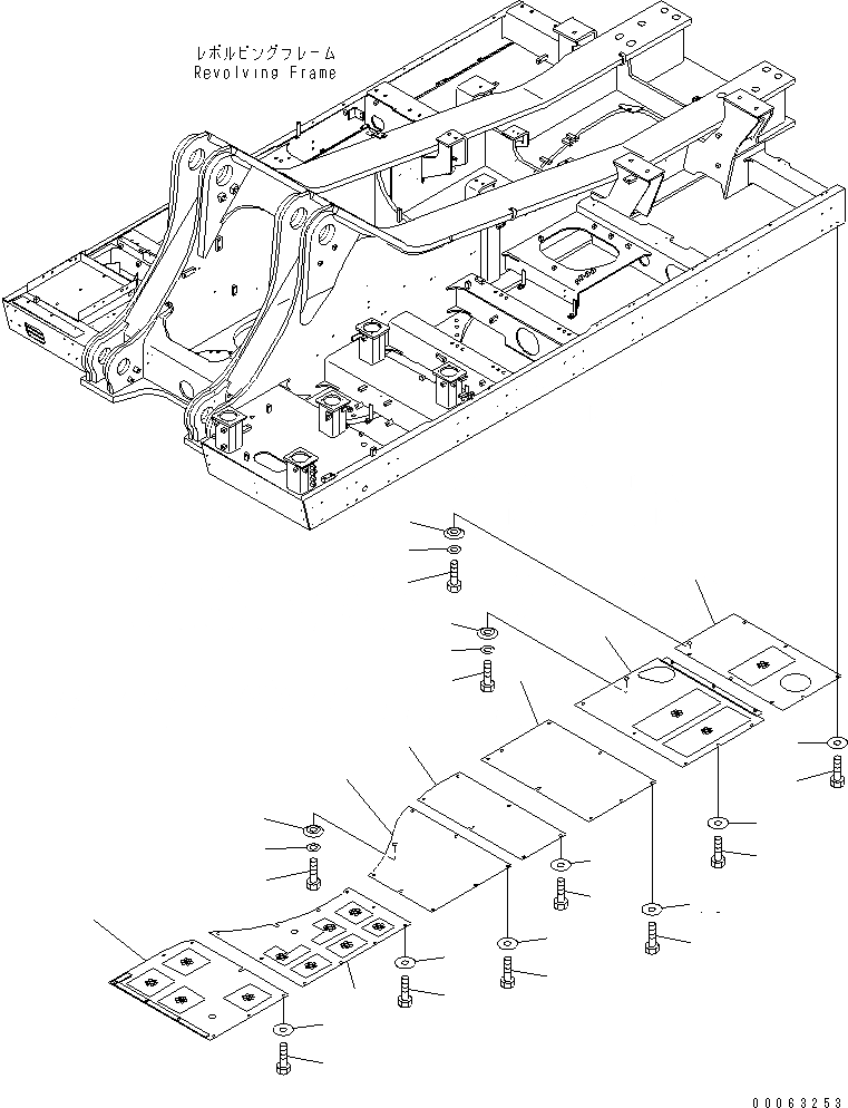 Схема запчастей Komatsu PC1250-8R - НИЖН. КРЫШКА (ОСНОВНАЯ РАМА) (ЛЕВ.) (+C СПЕЦ-Я.)(№-) ЧАСТИ КОРПУСА