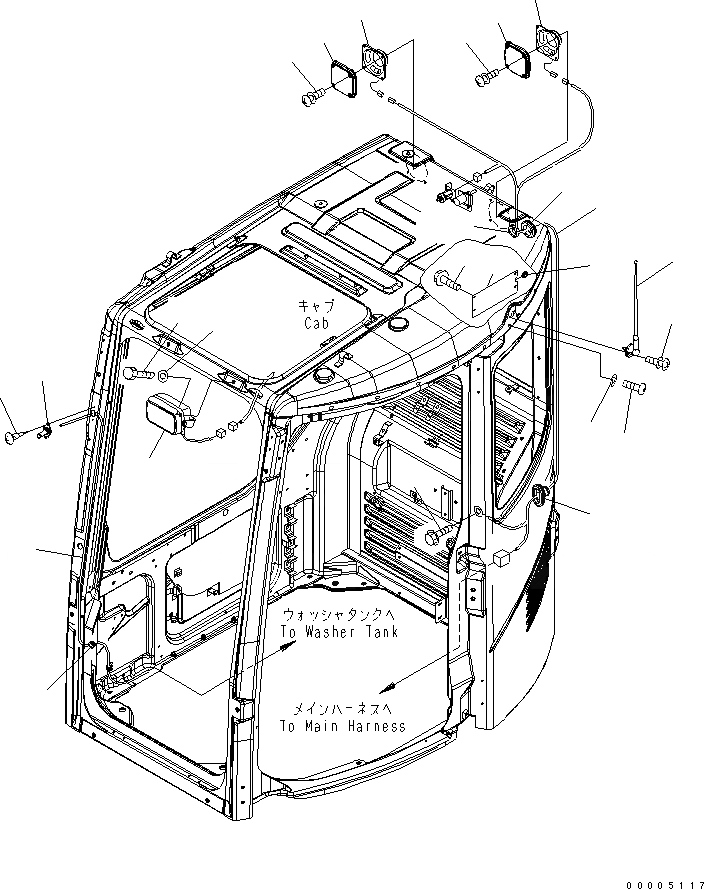 Схема запчастей Komatsu PC128US-2-AC - КАБИНА (РАДИО¤ ОМЫВАТЕЛЬ СТЕКЛА ШЛАНГИ¤ ЛАМПА РАБОЧ. ОСВЕЩЕНИЯ) КАБИНА ОПЕРАТОРА И СИСТЕМА УПРАВЛЕНИЯ