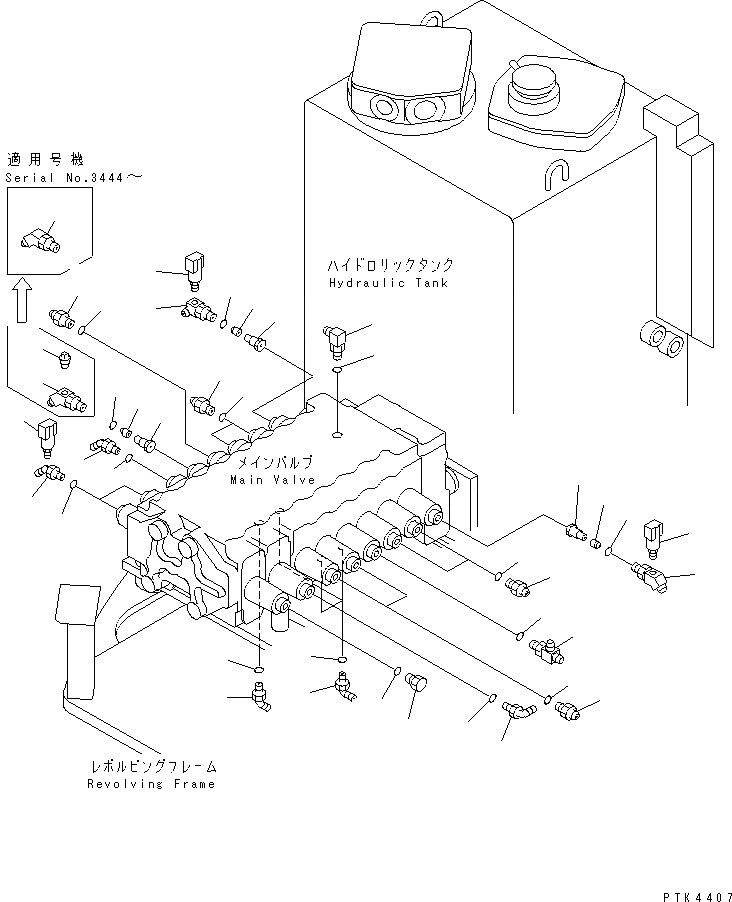 Схема запчастей Komatsu PC128UU-1 - P.P.C. ОСНОВН. ЛИНИЯ (ОСНОВН. ЛИНИЯ ПАТРУБОК) (ДЛЯ АВТОМАТИЧ. HOLIZONTALLY    DIGGING) (ОТВАЛ LESS СПЕЦ-Я.)(№7-) ГИДРАВЛИКА