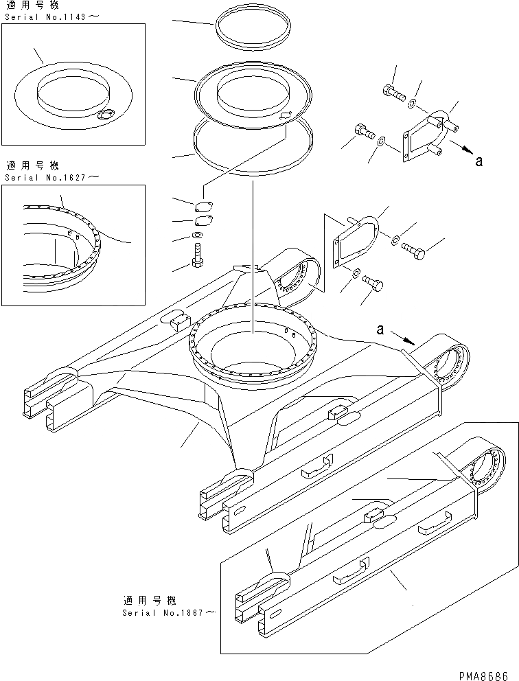 Схема запчастей Komatsu PC128UU-1 - ГУСЕНИЧНАЯ РАМА (РЕЗИН. SHOE) (ОТВАЛ LESS СПЕЦ-Я.)(№-) ХОДОВАЯ