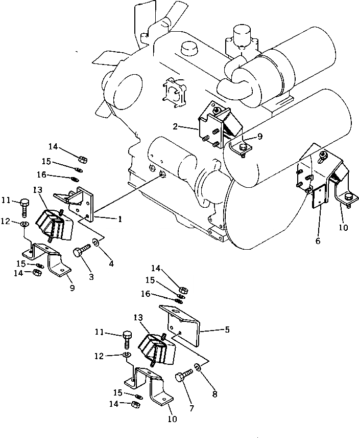 Схема запчастей Komatsu PC15-1 - КРЕПЛЕНИЕ ДВИГАТЕЛЯ КОМПОНЕНТЫ ДВИГАТЕЛЯ И ЭЛЕКТРИКА
