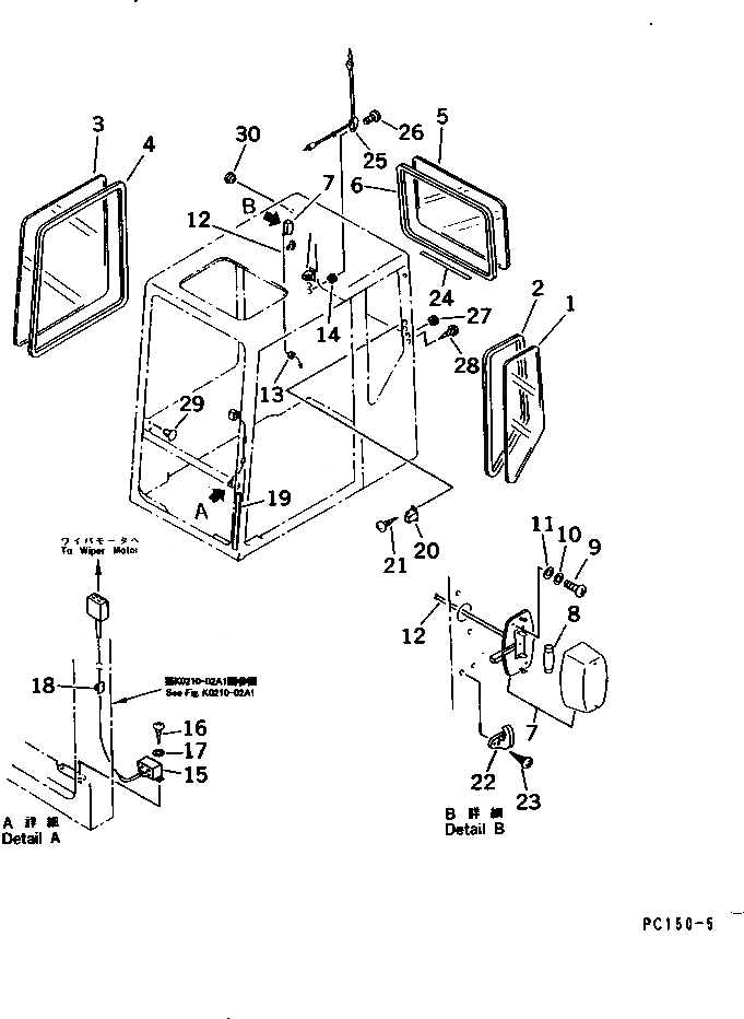 Схема запчастей Komatsu PC150-5 - КАБИНА (/7) ( И ЗАДН. ОКНА)           (ДЛЯ США И CANADA) КАБИНА ОПЕРАТОРА И СИСТЕМА УПРАВЛЕНИЯ