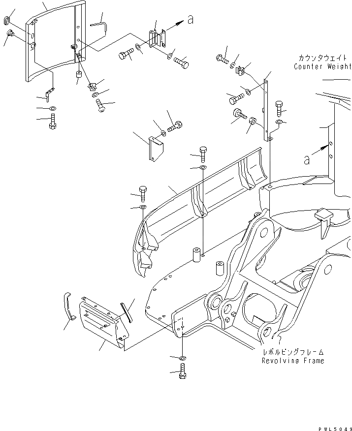 Схема запчастей Komatsu PC158US-2 - БОКОВ. КРЫШКА ПРАВ. (CONTER ВЕС COVER) (YELНИЗ.) ЧАСТИ КОРПУСА