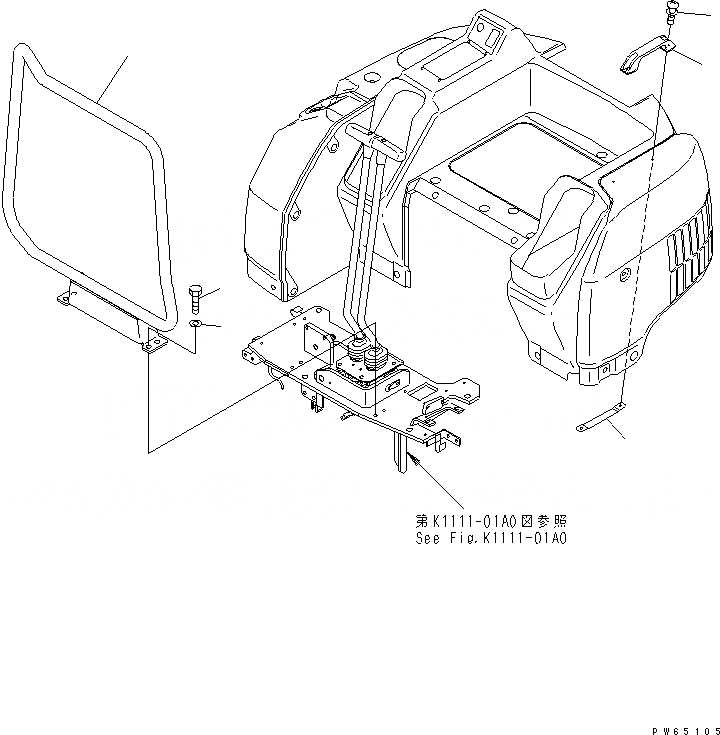 Схема запчастей Komatsu PC15MR-1 - ПОРУЧНИ(ПЕРЕДН. СТОЙКА И КАПОТ СТОЙКА) КАБИНА ОПЕРАТОРА И СИСТЕМА УПРАВЛЕНИЯ