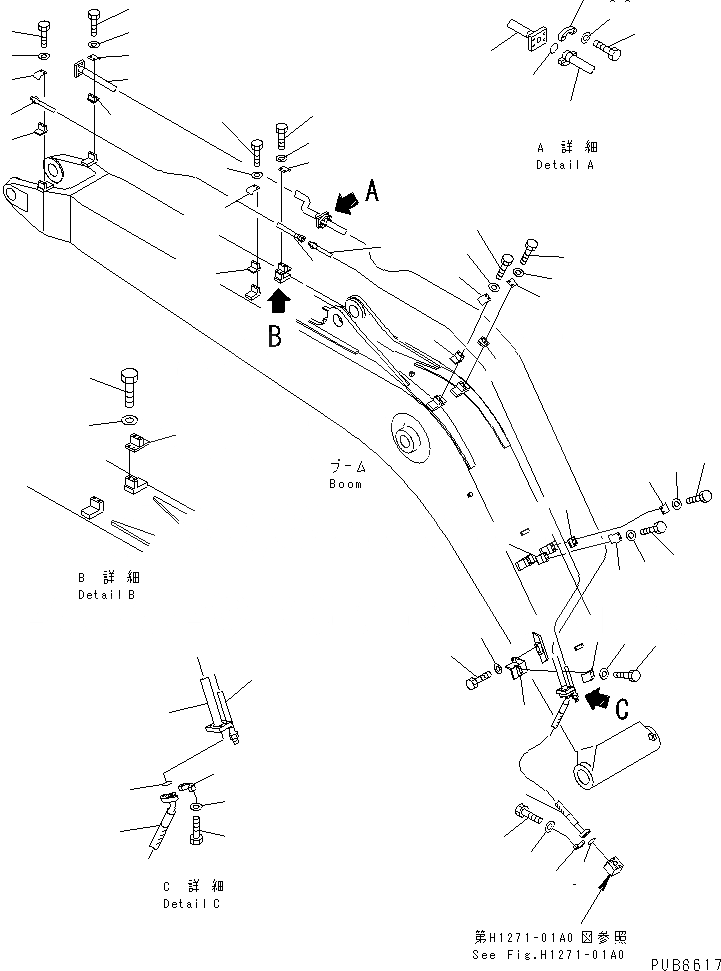 Схема запчастей Komatsu PC160-6K - СТРЕЛА (ДОПОЛН. ГИДРОЛИНИЯ) (ДЛЯ МОЛОТА)(№K-K) РАБОЧЕЕ ОБОРУДОВАНИЕ
