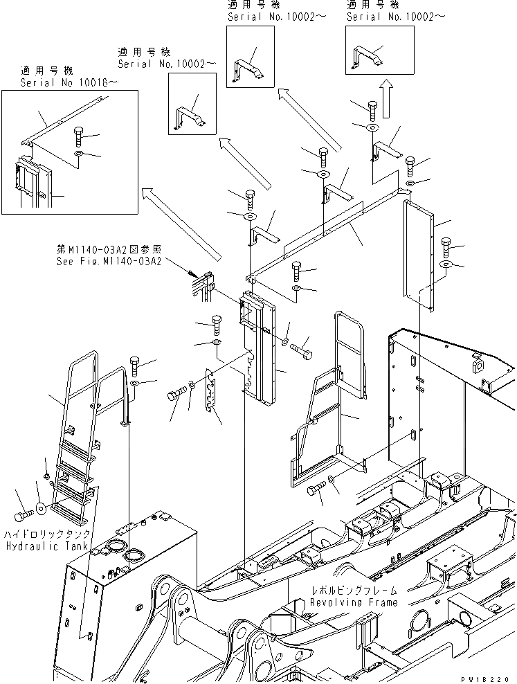 Схема запчастей Komatsu PC1800-6 - ПРАВ. КРЫШКА(РАМА И ЛЕСТНИЦА) (ЗАДН.) (+ЯC СПЕЦ-Я)(№-999) ЧАСТИ КОРПУСА