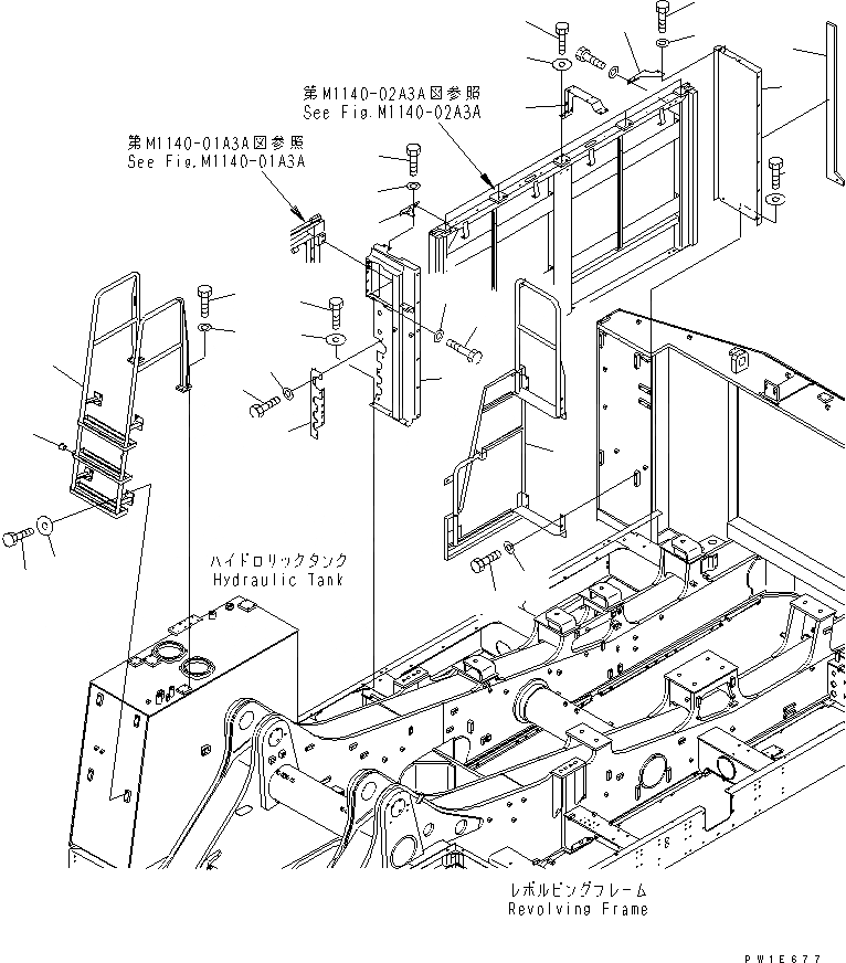 Схема запчастей Komatsu PC1800-6 - ПРАВ. КРЫШКА(РАМА И ЛЕСТНИЦА) (ЗАДН.) (+ЯC СПЕЦ-Я)(№-) ЧАСТИ КОРПУСА