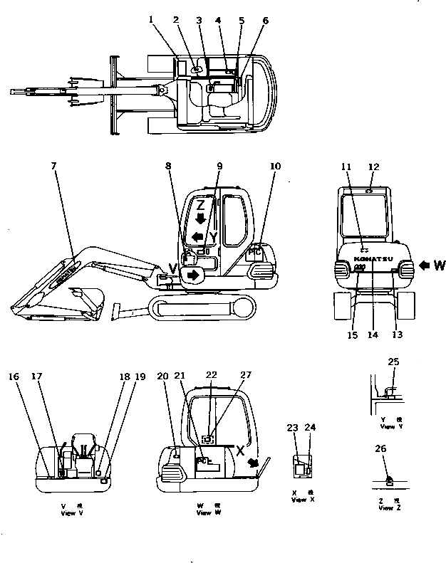 Схема запчастей Komatsu PC20-7 - МАРКИРОВКА (JIS PATTERN) (ЯПОН.) (ДЛЯ КАБИНЫ)(№-9) МАРКИРОВКА