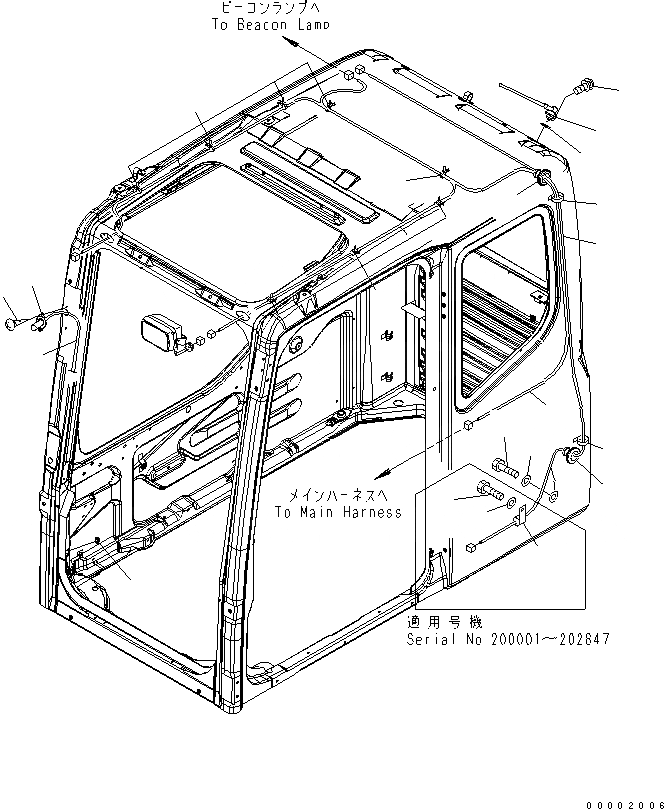 Схема запчастей Komatsu PC200-7 - КАБИНА (БЕЗ РАДИО)(№-) КАБИНА ОПЕРАТОРА И СИСТЕМА УПРАВЛЕНИЯ