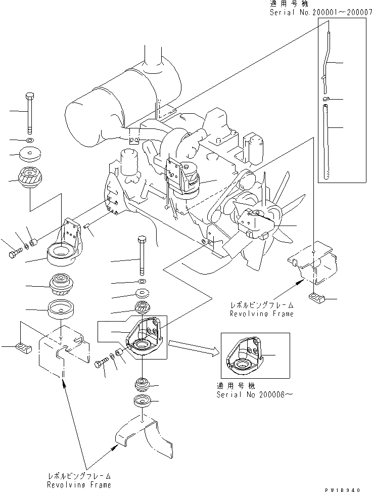 Схема запчастей Komatsu PC200-7-AP - КРЕПЛЕНИЕ ДВИГАТЕЛЯ (КОРПУС И ПОДУШКИ) КОМПОНЕНТЫ ДВИГАТЕЛЯ