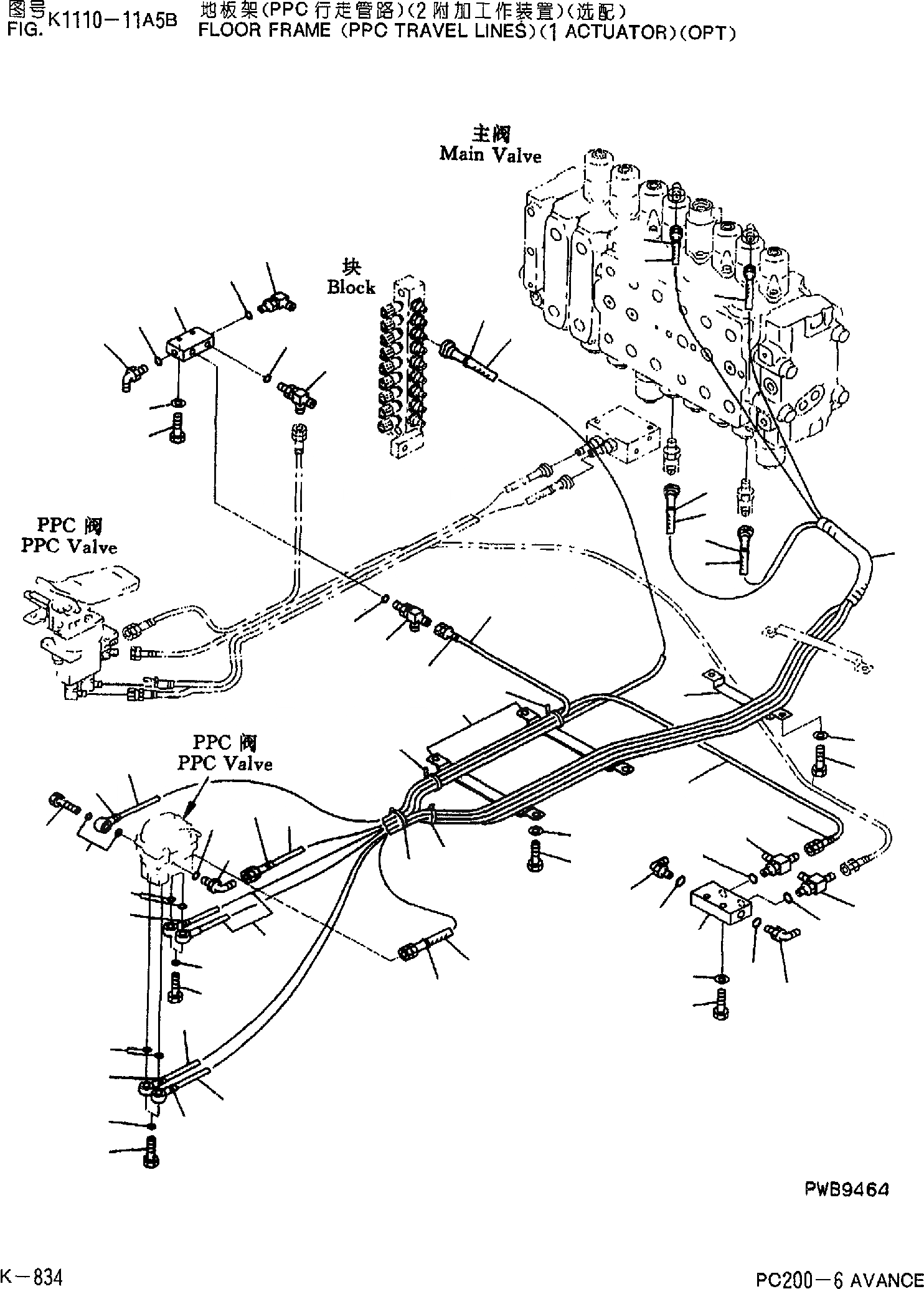 Схема запчастей Komatsu PC200-6 - ОСНОВН. КОНСТРУКЦИЯ (PPC ЛИНИЯ ХОДА)( CATUATOR)(ОПЦИОНН.) K [КАБИНА ОПЕРАТОРА И СИСТЕМА УПРАВЛЕНИЯ]