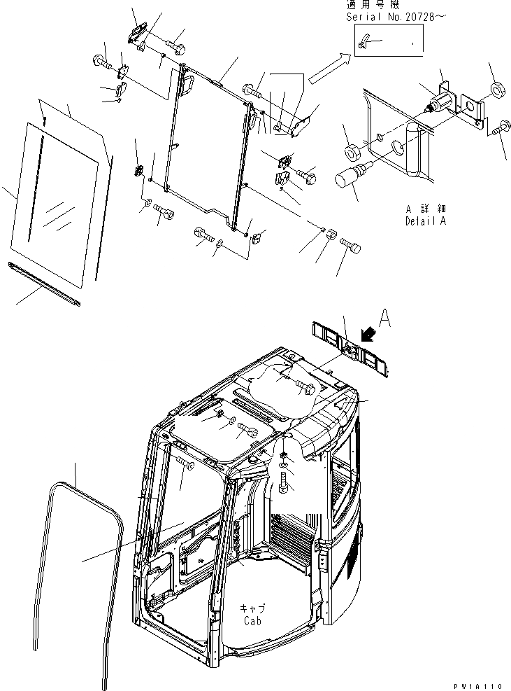 Схема запчастей Komatsu PC228US-3U - КАБИНА (ПЕРЕДН. ОКНА)(№-) КАБИНА ОПЕРАТОРА И СИСТЕМА УПРАВЛЕНИЯ