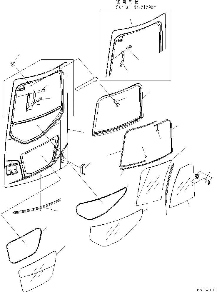 Схема запчастей Komatsu PC228US-3-YB - КАБИНА (ДВЕРЬ) (С ДВЕРЬЮ РАМА)(№-) КАБИНА ОПЕРАТОРА И СИСТЕМА УПРАВЛЕНИЯ