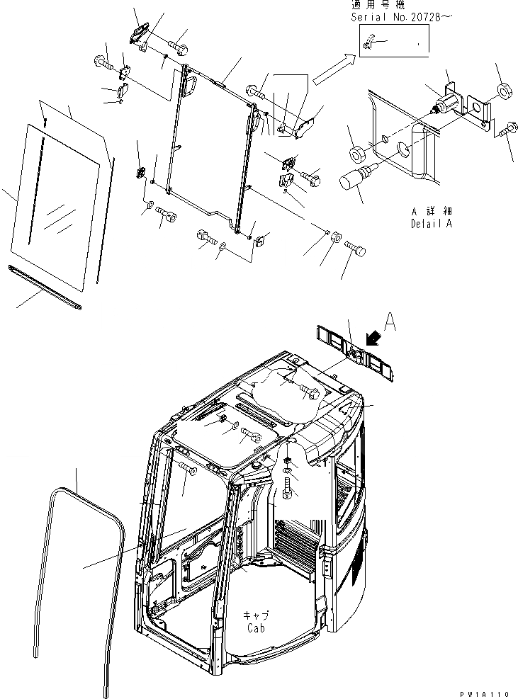 Схема запчастей Komatsu PC228US-3-AG - КАБИНА (ПЕРЕДН. ОКНА)(№-) КАБИНА ОПЕРАТОРА И СИСТЕМА УПРАВЛЕНИЯ