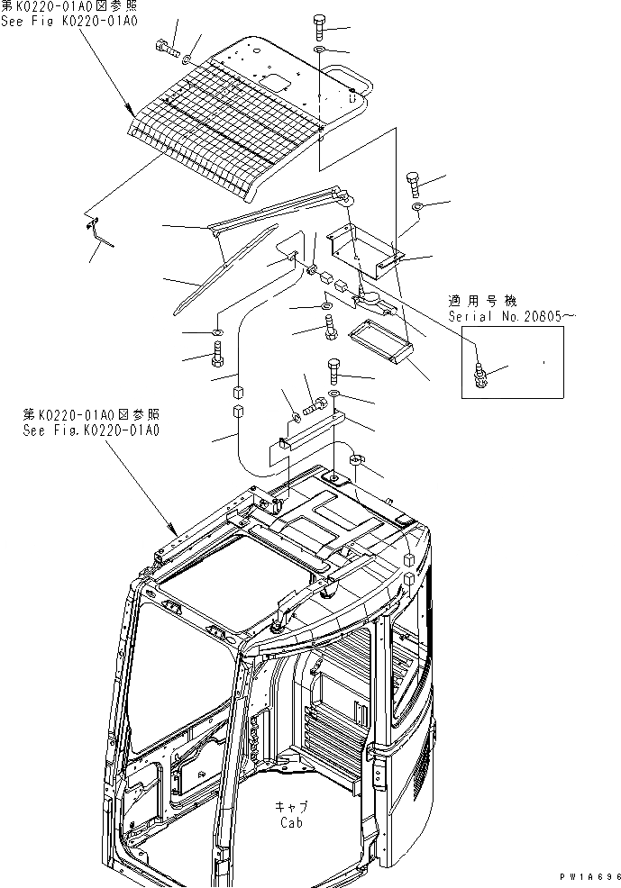 Схема запчастей Komatsu PC228US-3-AG - КАБИНА ВЕРХН. ДВОРНИКИ (СПЕЦ-Я ДЛЯ РАЗРУШ. ЗДАНИЙ)(№-) КАБИНА ОПЕРАТОРА И СИСТЕМА УПРАВЛЕНИЯ