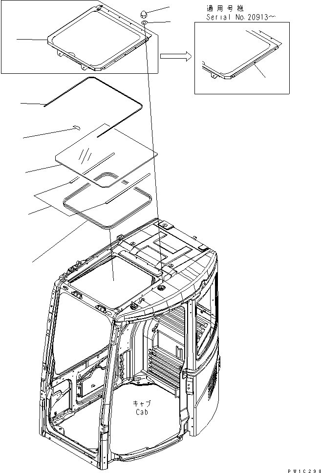 Схема запчастей Komatsu PC228US-3-YG - КАБИНА (ОКНО В КРЫШЕ) (СПЕЦ-Я ДЛЯ РАЗРУШ. ЗДАНИЙ)(№78-) КАБИНА ОПЕРАТОРА И СИСТЕМА УПРАВЛЕНИЯ