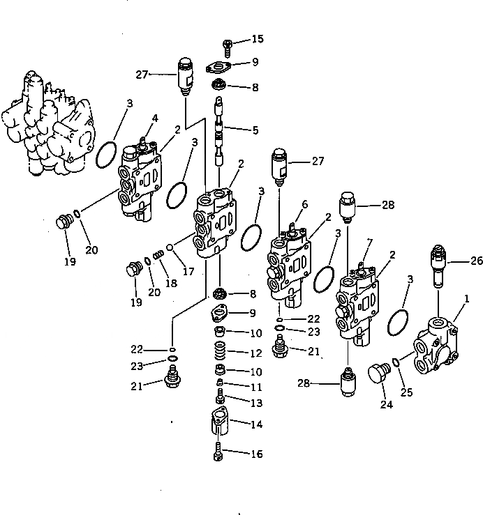 Схема запчастей Komatsu PC28UU-1 - ГИДРАВЛ УПРАВЛЯЮЩ. КЛАПАН (/) (6-СЕКЦИОНН.)(№-) УПРАВЛ-Е РАБОЧИМ ОБОРУДОВАНИЕМ