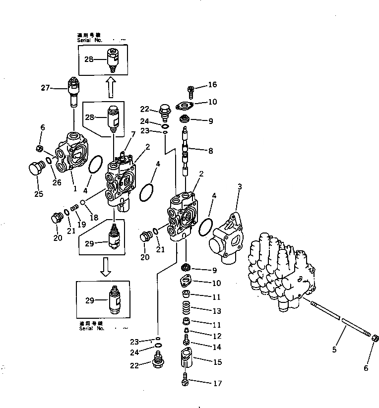 Схема запчастей Komatsu PC28UU-1 - ГИДРАВЛ УПРАВЛЯЮЩ. КЛАПАН (/) (6-СЕКЦИОНН.)(№-) УПРАВЛ-Е РАБОЧИМ ОБОРУДОВАНИЕМ