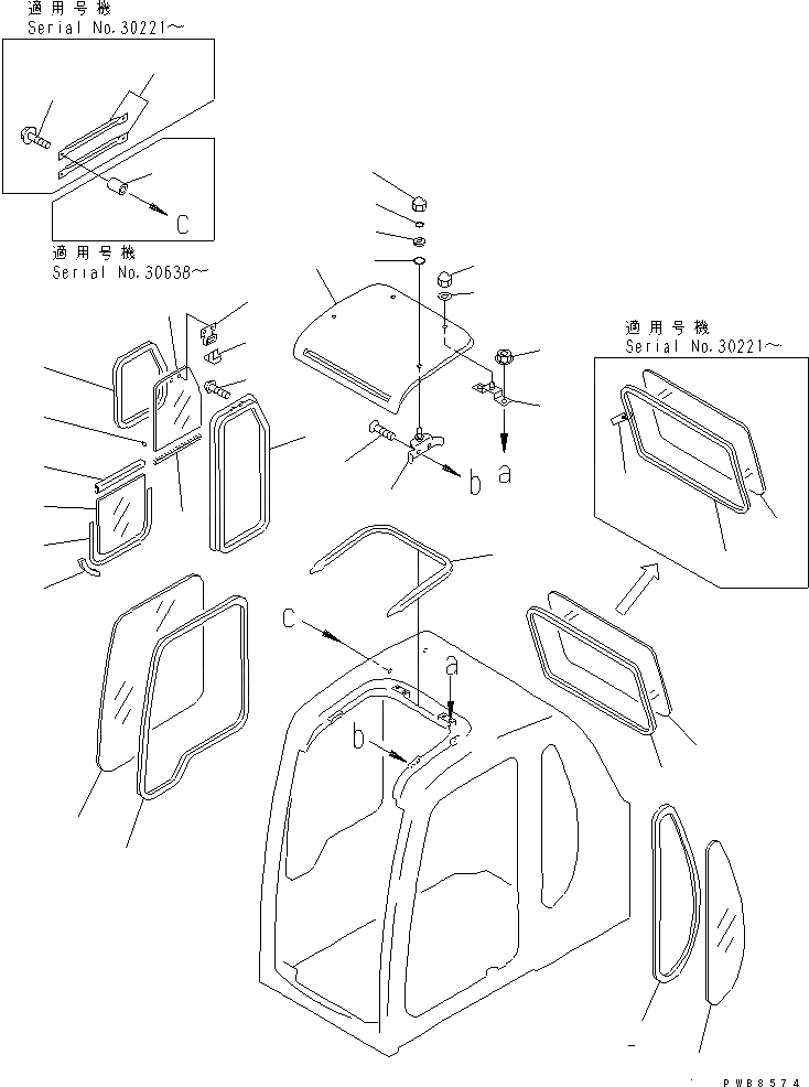 Схема запчастей Komatsu PC300-6 - КАБИНА (ОКНА И ВЕНТИЛЯТОР В КРЫШЕ) (С SEE THROUGH  КРЫША)(№-999) ОСНОВН. КОМПОНЕНТЫ И РЕМКОМПЛЕКТЫ